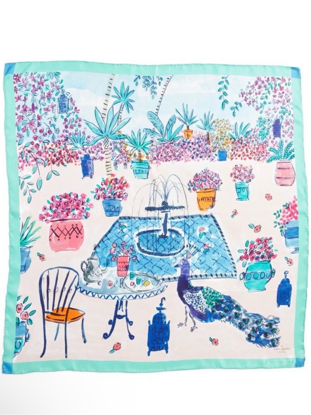 NWT Kate Spade Floral Peacock Garden Silk Scarf in Aqua Pink Blue Green
